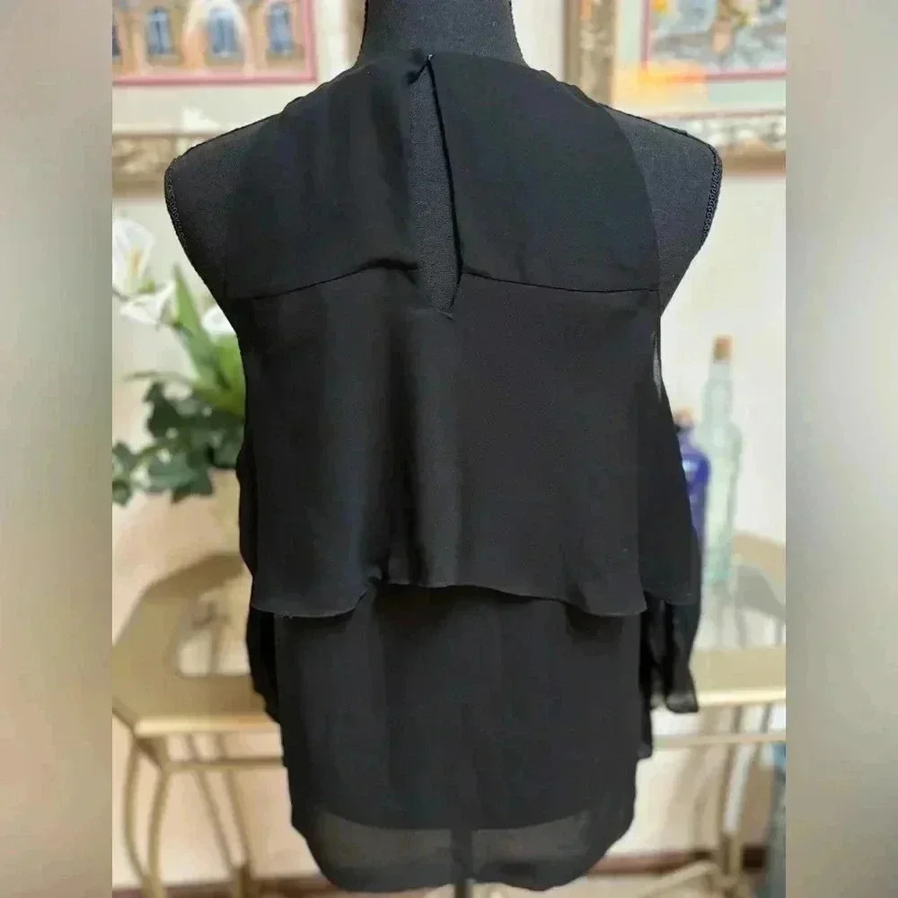 RAMY BROOK 100% SILK LUXURY BLACK COLD SHOULDER RUFFLE TOP BLOUSE SIZE SMALL NEW - Picture 4 of 15